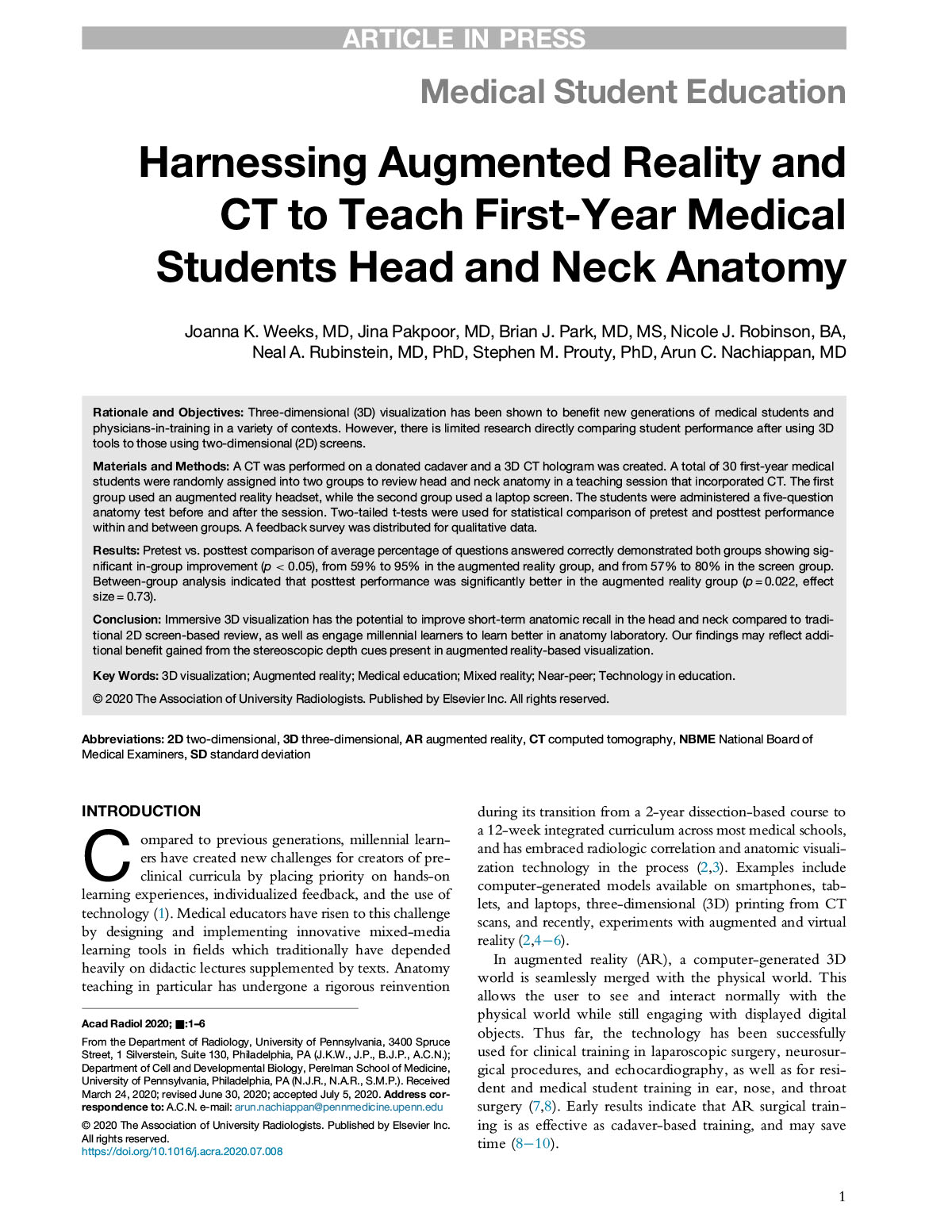 Harnessing Augmented Reality and CT to Teach First-Year Medical Students Head and Neck Anatomy