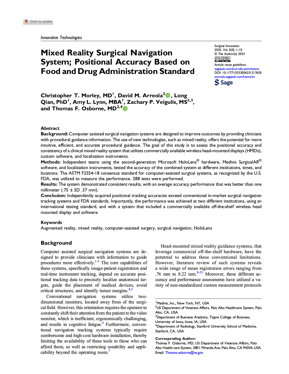 Mixed Reality Surgical Navigation System Positional Accuracy